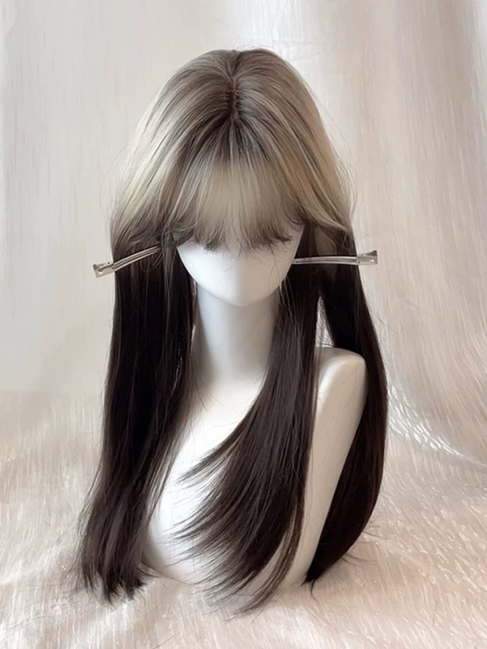 Long Straight Ombre Wig with Blunt Bangs - Clip-In Wig Piece | No Wig Cap Needed